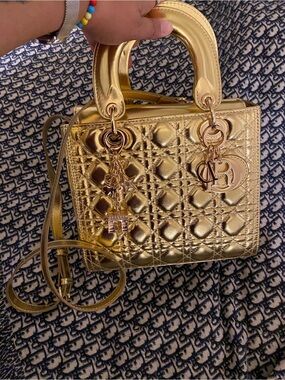 Dior Metallic Gold Quilted Mini Top-Handle Bag with Charm